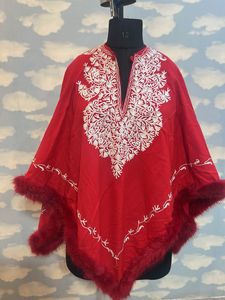 Red Kashmiri Embroidered Poncho with Fur Trim