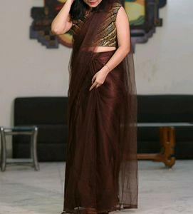 Brown Mesh Saree - Stitched