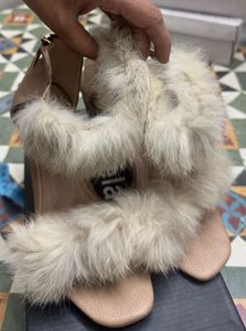 Chic Fur Strap Nude Heels
