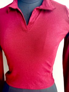 Maroon Ribbed Long Sleeve Stretchable Top