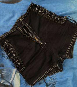 Black Lace-Up Denim Shorts