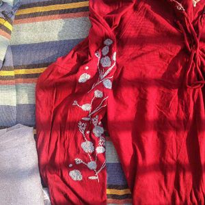 Red Embroidered Long Sleeve Top