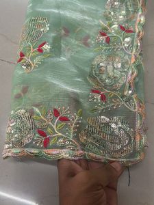 Elegant Mint Green Embroidered Saree