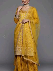 Embroidered Mustard Silk Blend Kurta Set