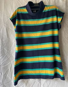 Retro Vibe Navy Striped High-Neck T-Shirt