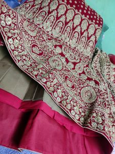 Fish Cut Bridal Red Velvet Lahenga