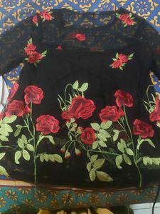 Party Wear Black Net Top With Red Flower