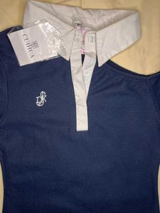 Elegant Navy Blue Cold-Shoulder Polo Shirt