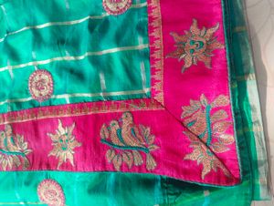 Elegant Green &amp; Pink Saree