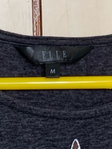ELLE Women Charcoal Grey Printed T-shirt