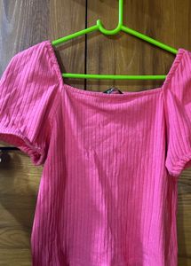 Pink Ribbed Puff Sleeve Top