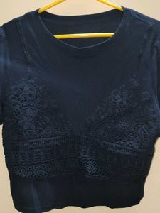 Navy Lace Detail Crop Top