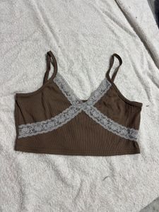 Brown Lace Trim Crop Top