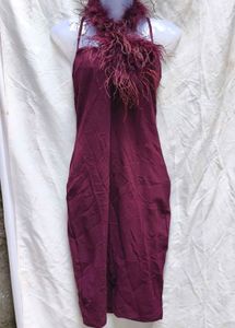 I. Burgundy Feathered Dress