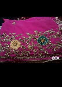 Dark Pink Saree With Embroidery Work No Ret