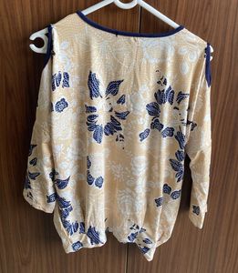 Cream Printed Regular Fit Top With Cold Shoulders
