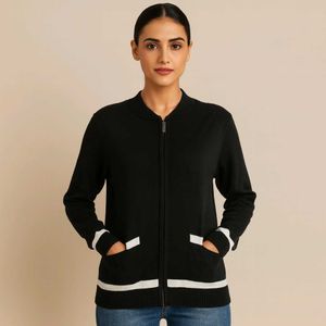 Striped Trim Zip-Up Cardigan