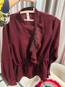 Maroon Tie-Up Neck Embellished RuffleCinched