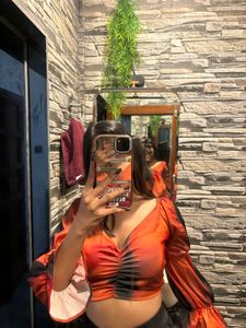 Orange puff full sleeves top for women