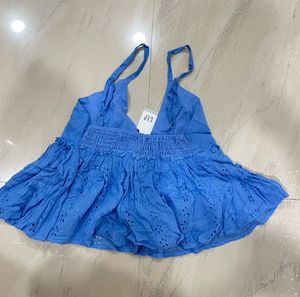 Blue Embroidered Ruffle Tank Top
