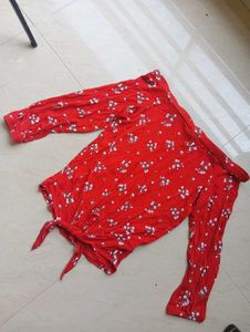 Red Floral Tie-Front Top