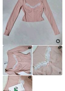 Pink Lace Trim Long Sleeve Top