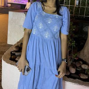 Blue Embroidered Tiered Dress