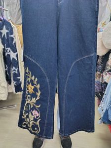 Embroidered Wide Leg Denim Jeans