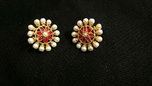 Pearl &amp; Red Flower Stud Earrings