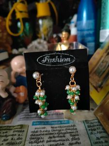 Pearl &amp; Green Beaded Dangle Earrings