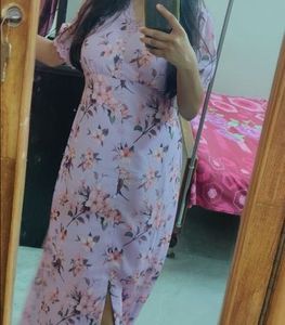 Lavender &amp; Brown Floral Print Front Slit Dress