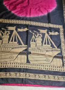Pink &amp; Black Ship Print Saree