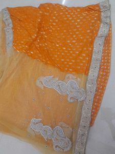 Heavy Work Net Saree With Stitched Blouse