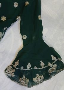 Green Long Frock Gown Type White Work