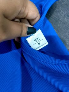 Blue Ribbed Fitted Crop Top