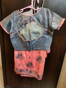 Coral Pink And Grey Embroidery Saree