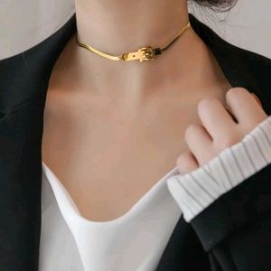 Gold Herringbone Belt Buckle Necklace