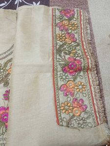 Elegant Unstitched Golden Blouse &amp; Orange Saree
