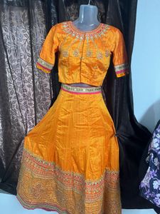 Orange Full Embroidery Round Mirror Lahenga Set
