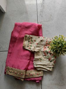 Elegant Pink Saree with Embroidery Blouse