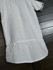 Girl White Cotton Neck Dori Tassel Dress