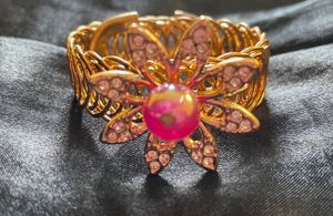 Gold &amp; Pink Flower Statement Bracelet