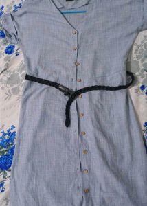 Light Blue Button-Down Dress with Belt