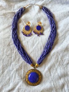Blue Beaded Necklace & Earring Set