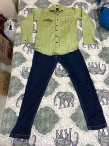 Combo of green shirt and denim jeans