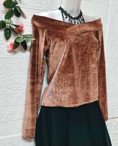🎁Buy 2 Get 1 Free 🎁Brown Velvet Off-Shoulder Top