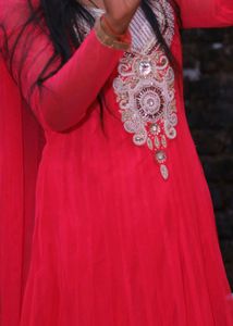 Carrot &amp; Gold Embroidered Anarkali Suit