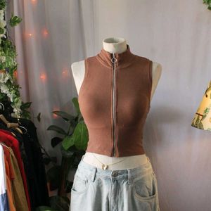 Brown Zip-Up Crop Top