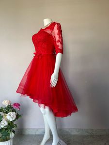 red lace high low party gown