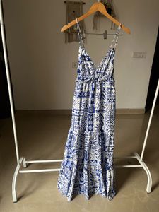 Blue-White Pattern Strappy Maxi Dress